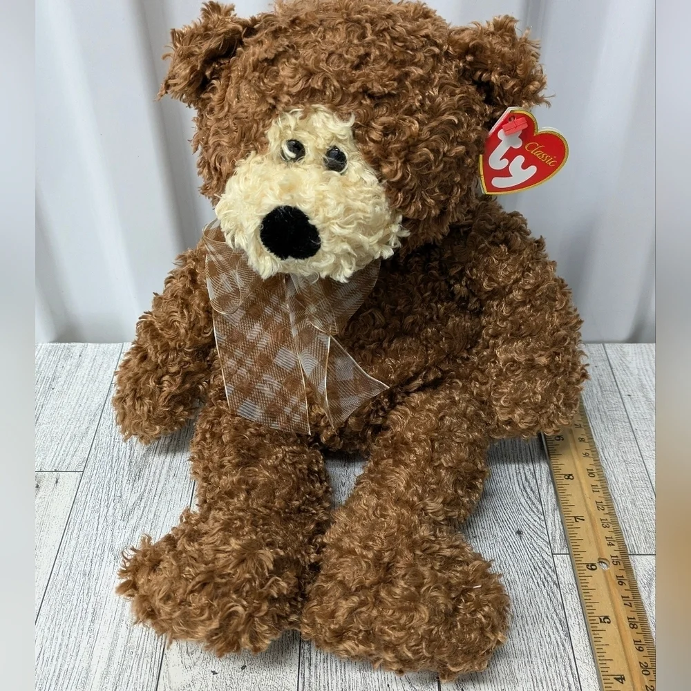 Ty Eureka Fluffy Brown Bear with Plaid Bow